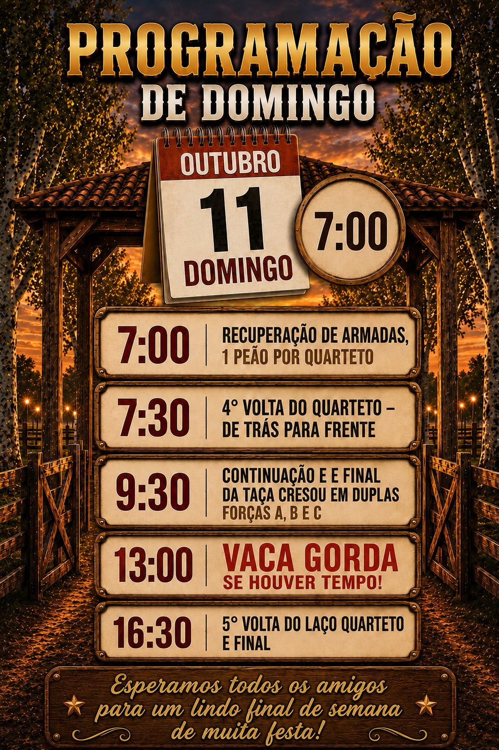 Programação do rodeio no domingo, 11 de outubro